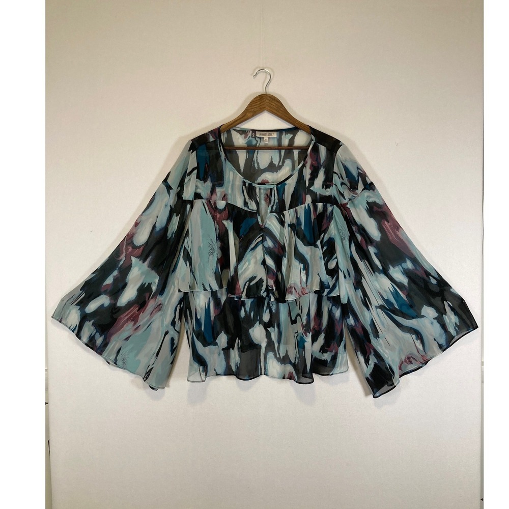 Boho Chic Jennifer Lopez Women XL Blue Abstract Sheer Ruffle Bell Sleeve Blouse